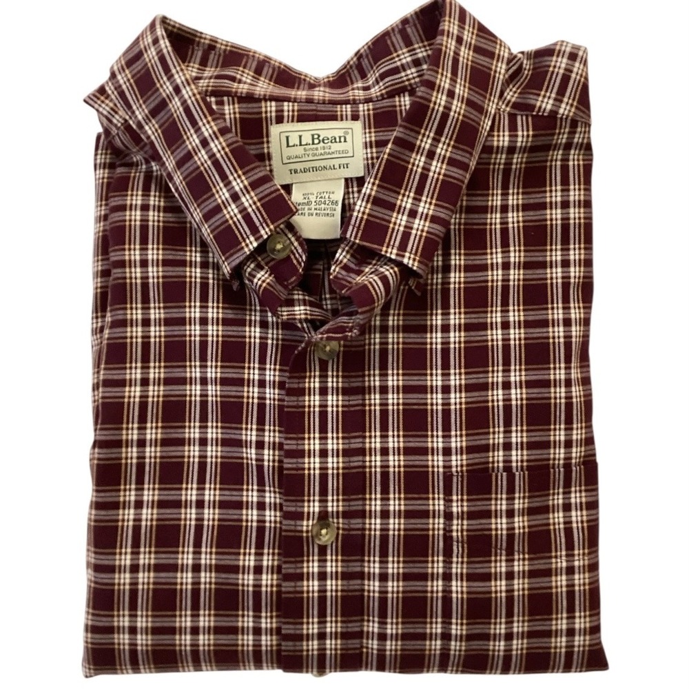 L.L. Bean Mens Traditional Fit Plaid Button Down Shirt Burgundy XL‎ Tall 504266